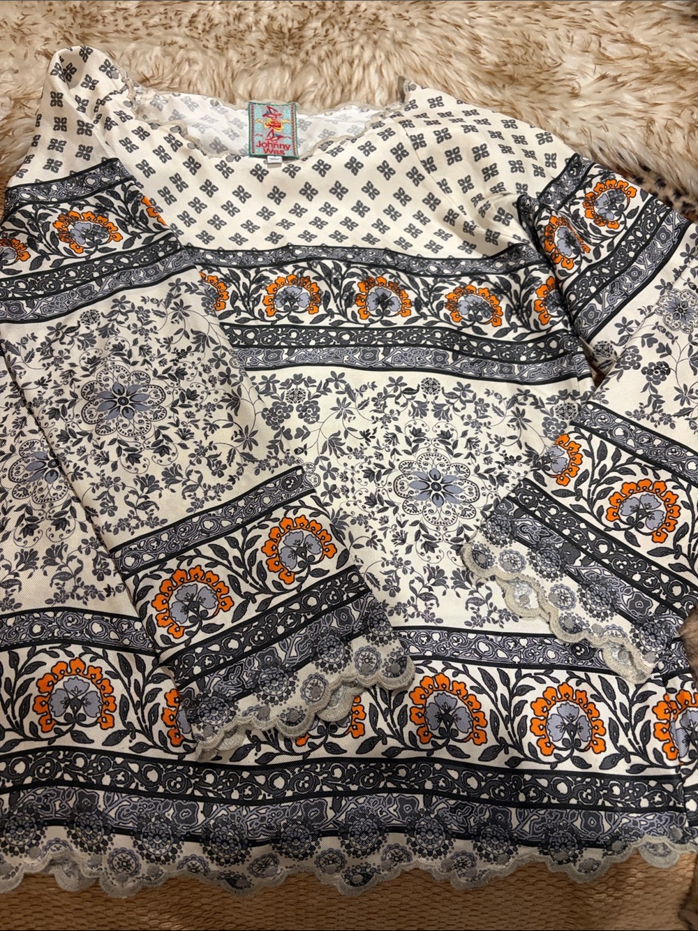 Johnny Was White 100% silk Navy and Orange Floral Border Tunic
